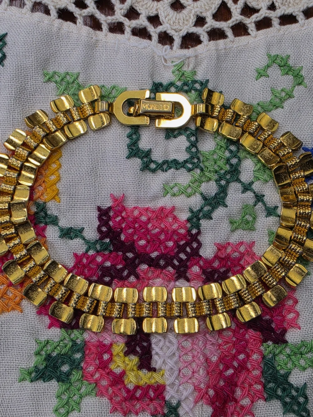 Monet Gold Link Bracelet with Pink and Green Accents